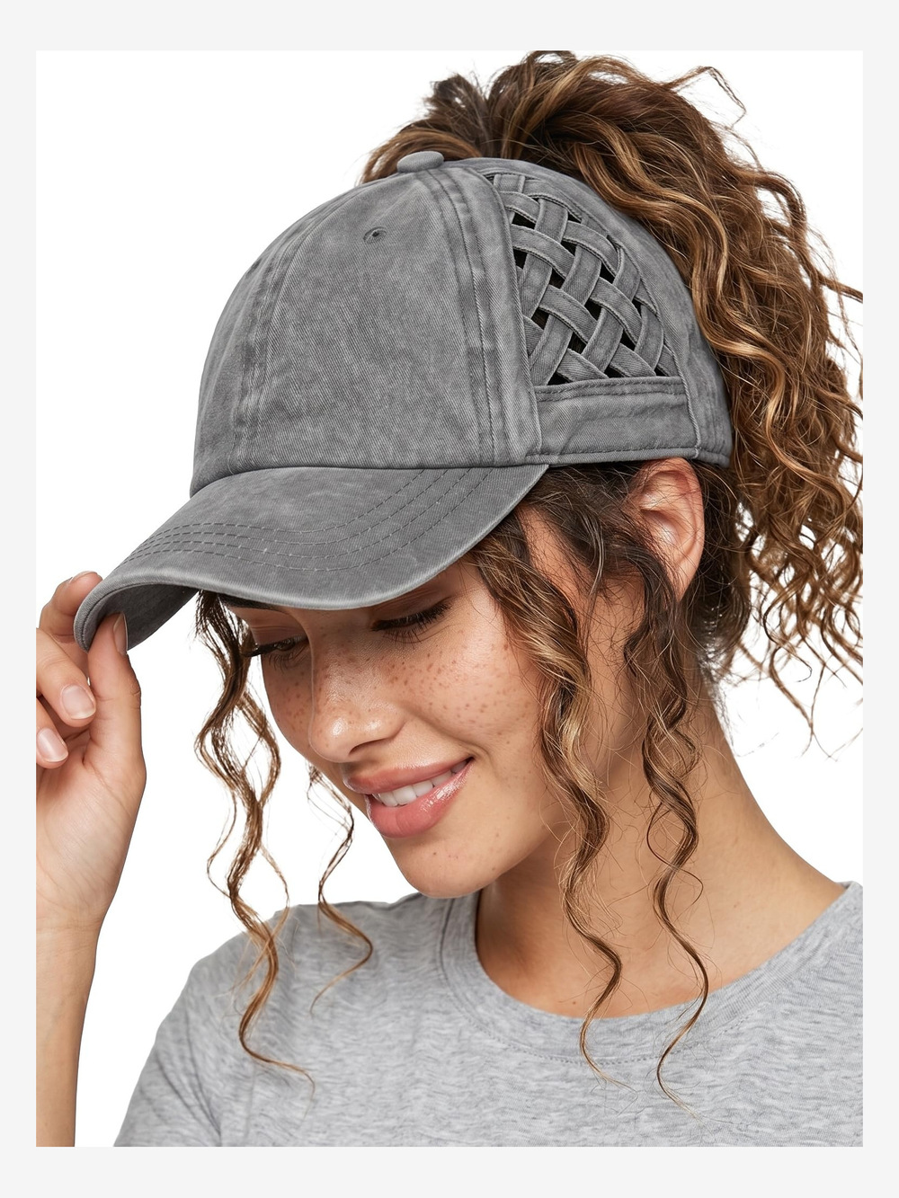 Criss Cross Ponytail Cap, Messy Bun Distressed | Basketweave, Gray | Size OS